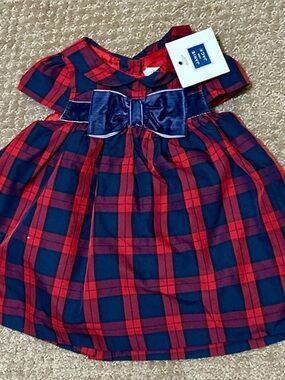 NWT Janie and Jack Classic Red & Navy Plaid Bow Baby 0-3 Dress Holiday Party